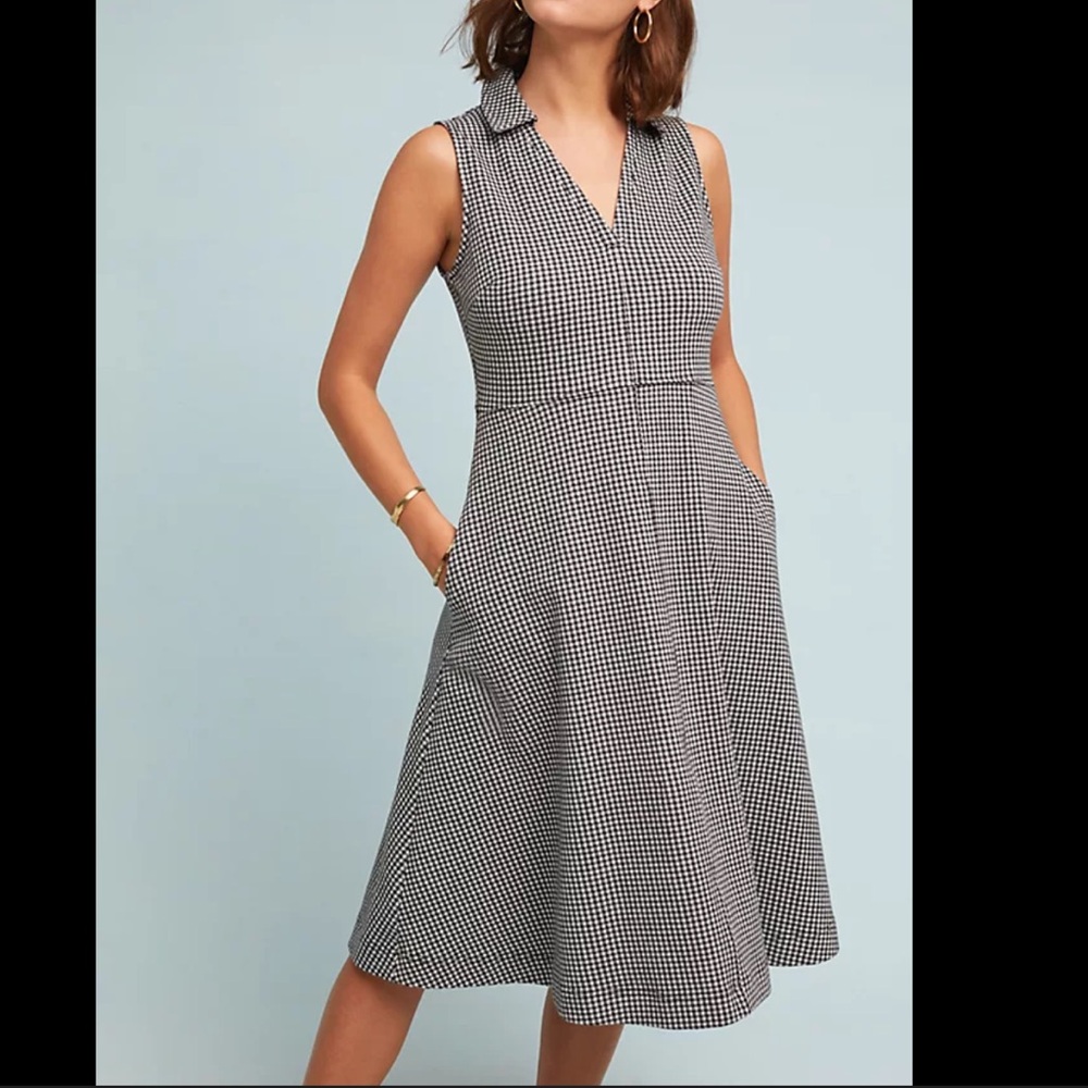 Anthropologie Maeve Houndstooth Gingham Dress Size 6 Collared Preppy Pockets